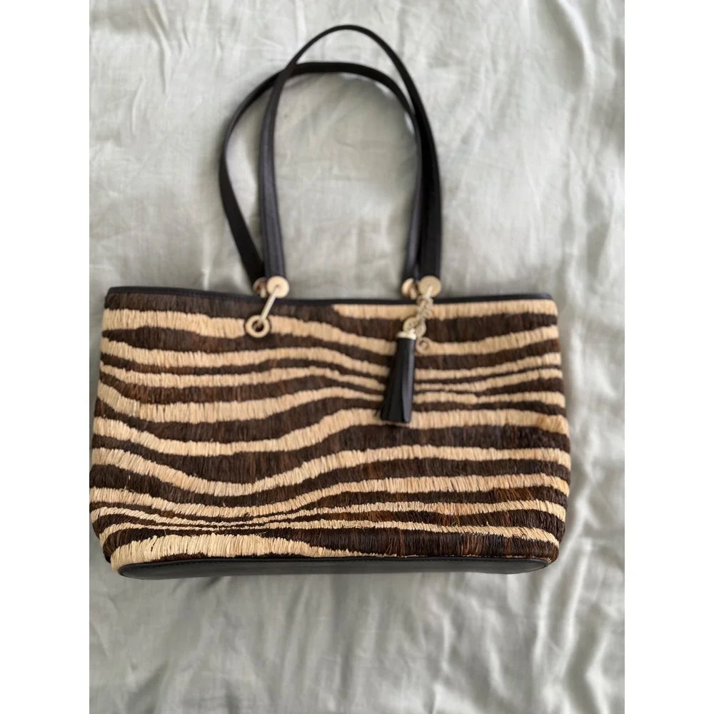 Michael Kors Malibu Large Raffia Zebra Stripe Tote Brown Black Leather NWOT